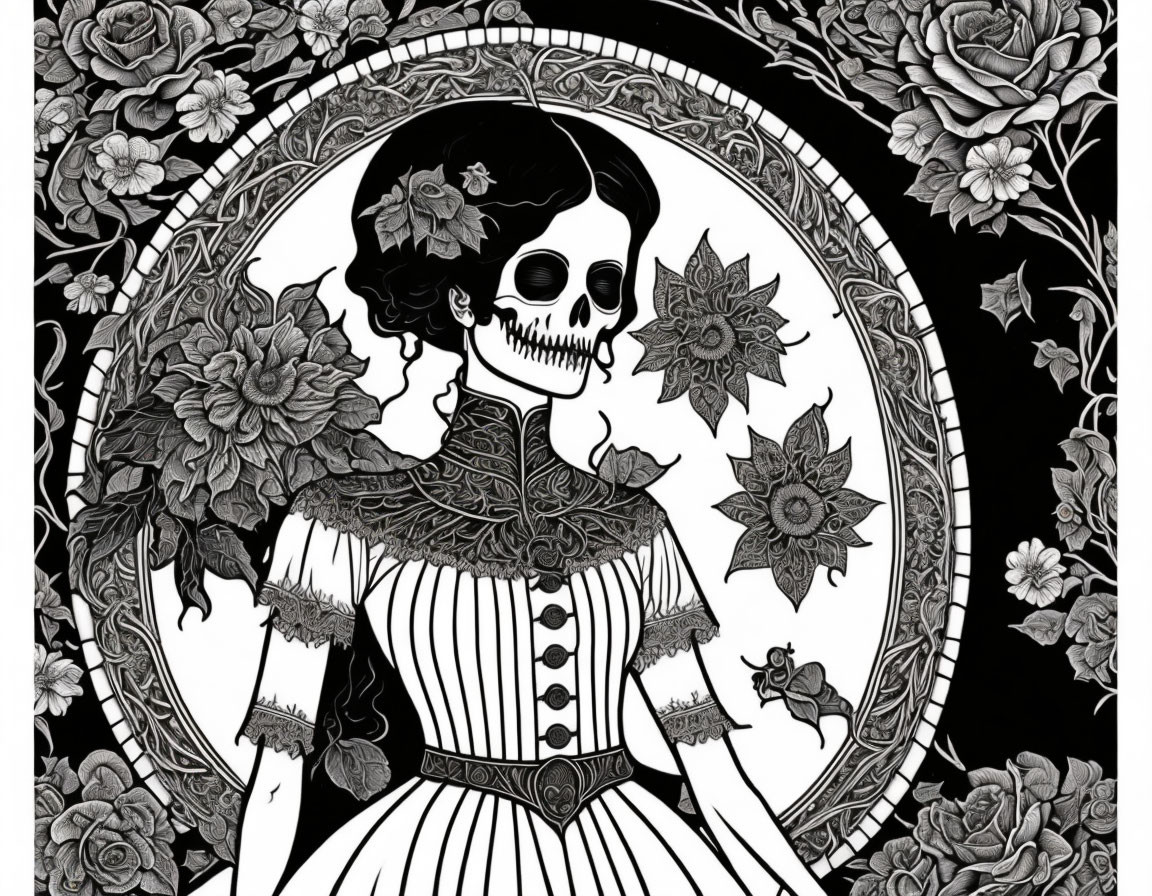 Monochromatic skull-headed figure in vintage attire with floral patterns