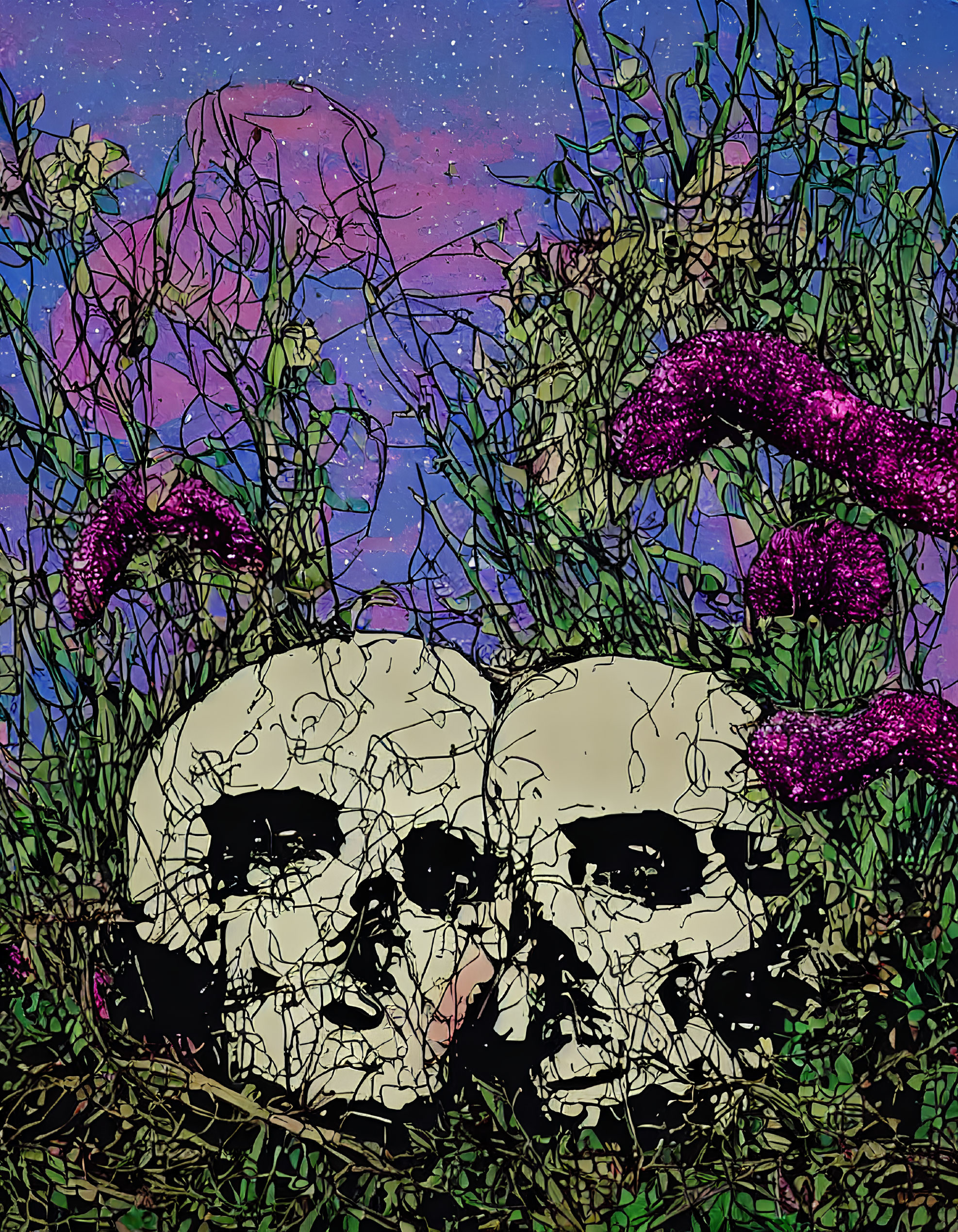 Stylized skulls in tall grass with purple flowers under starry night sky