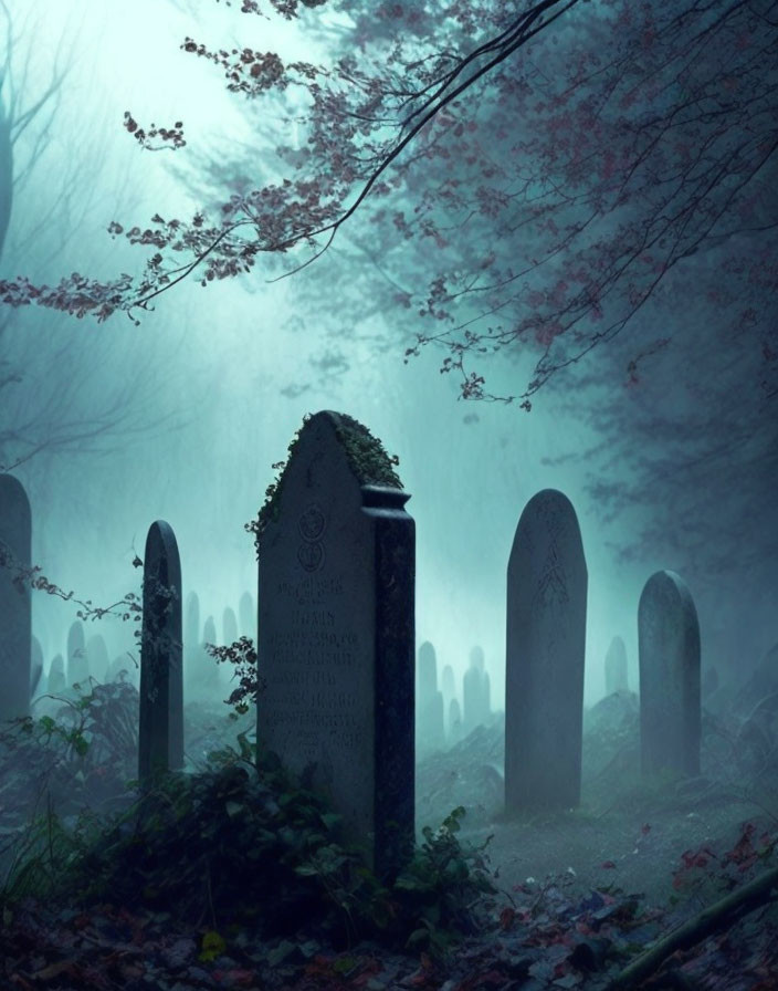 Foggy cemetery with gloomy grave markers and dark foliage