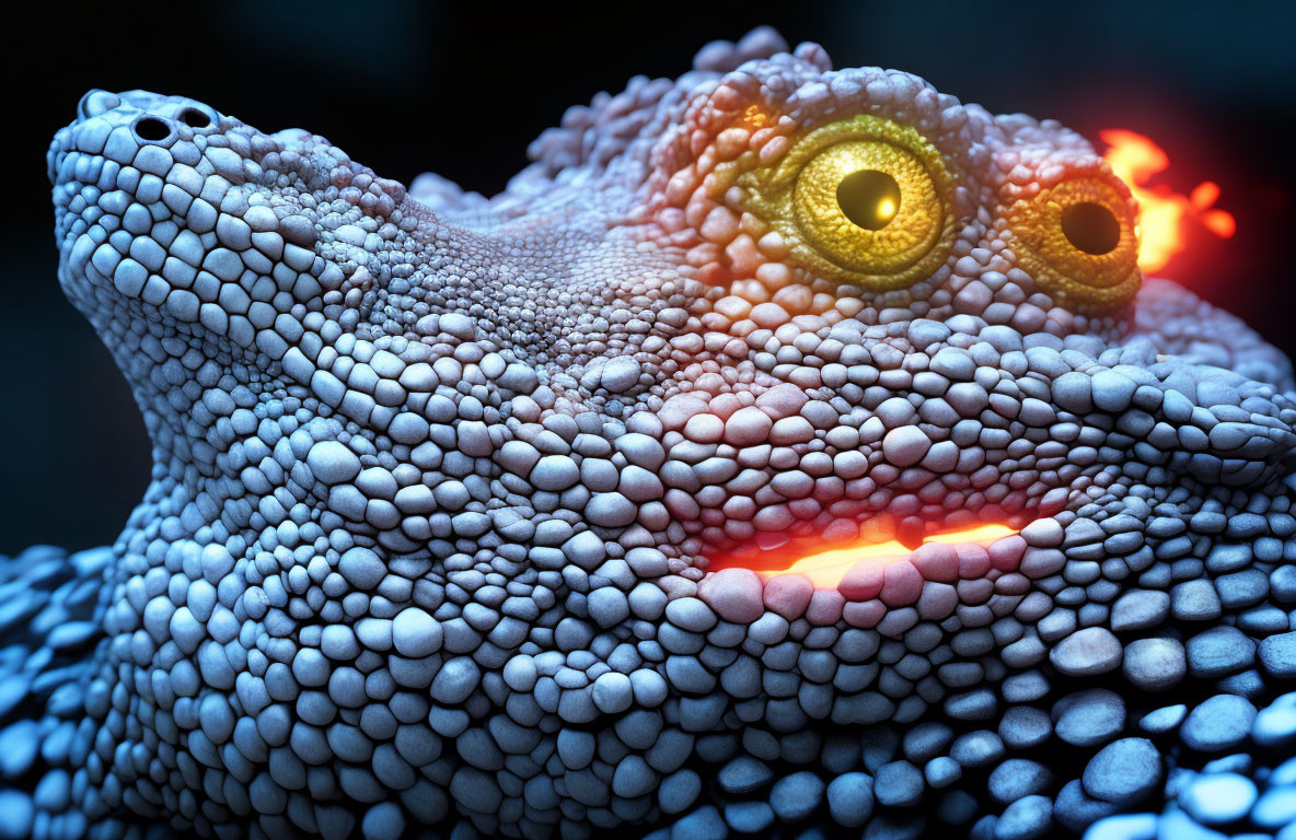 Detailed Close-Up of Textured Reptilian Creature with Golden Yellow Eyes and Glowing Red Mouth