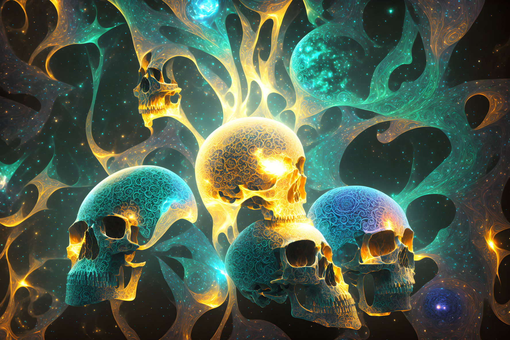 Vibrant digital art: Three glowing skulls with intricate patterns on abstract cosmic background.