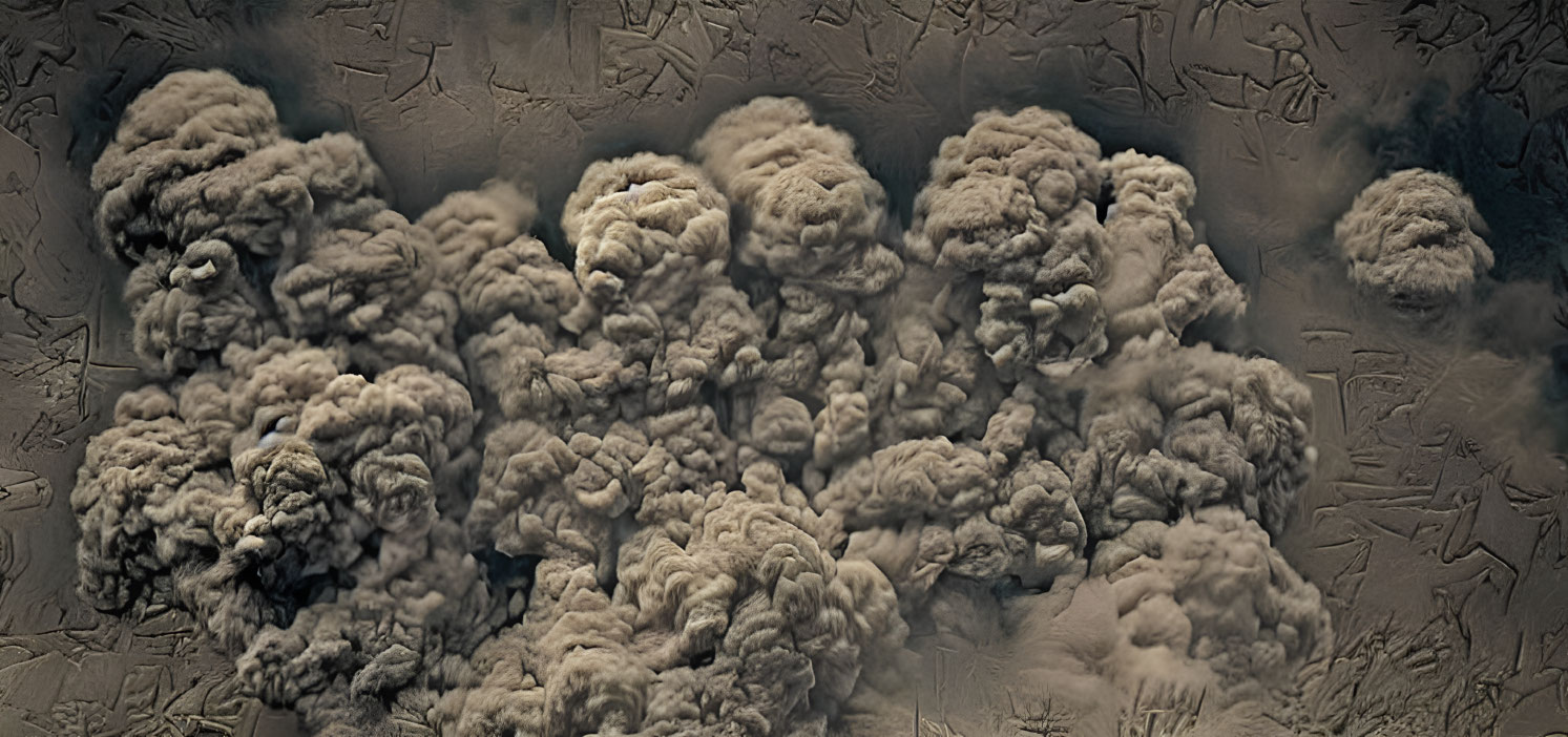 Aerial view of dense ash clouds from volcanic eruption