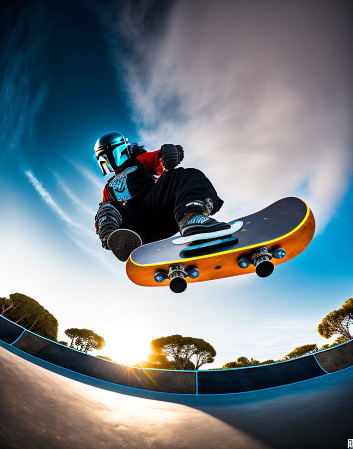 Skateboarder in Full Protective Gear Performing Trick at Sunset