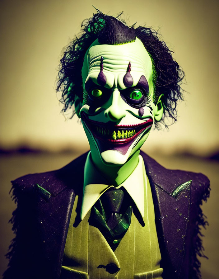 Exaggerated Joker-like figure with green hair and purple suit