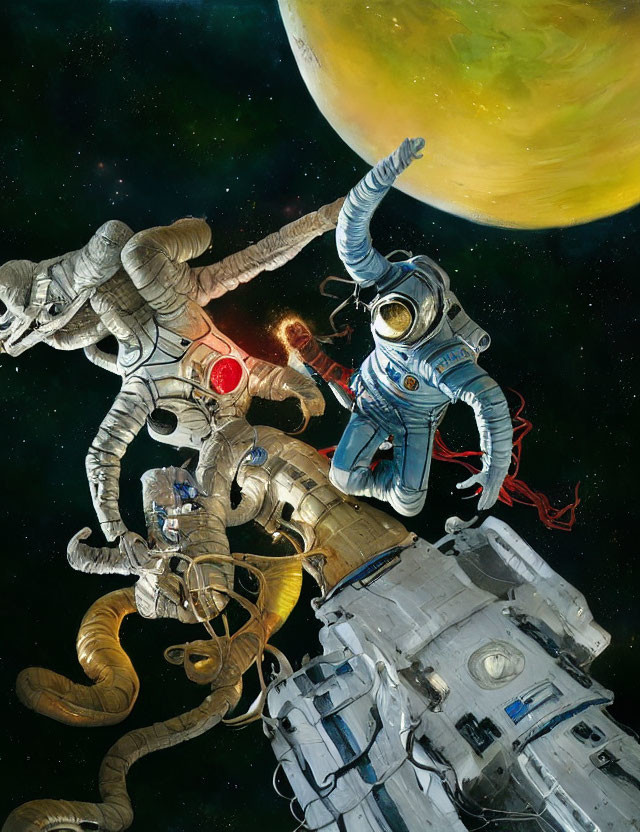 Astronauts in space with spacecraft and planet backdrop