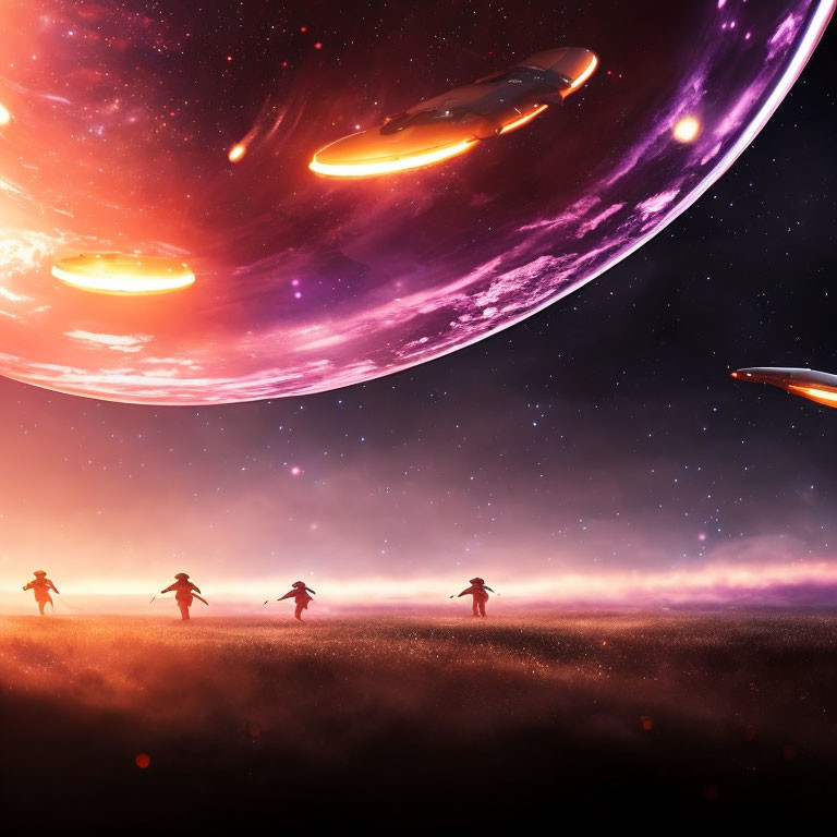 Silhouetted figures under starry sky with planets and flying saucers