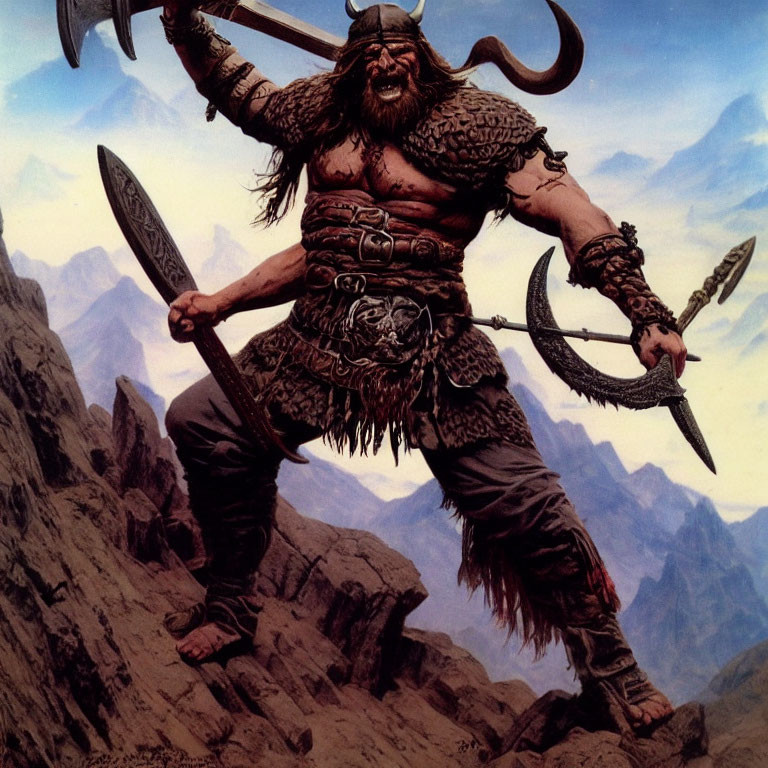 Fantasy barbarian with sword and axe in mountainous setting