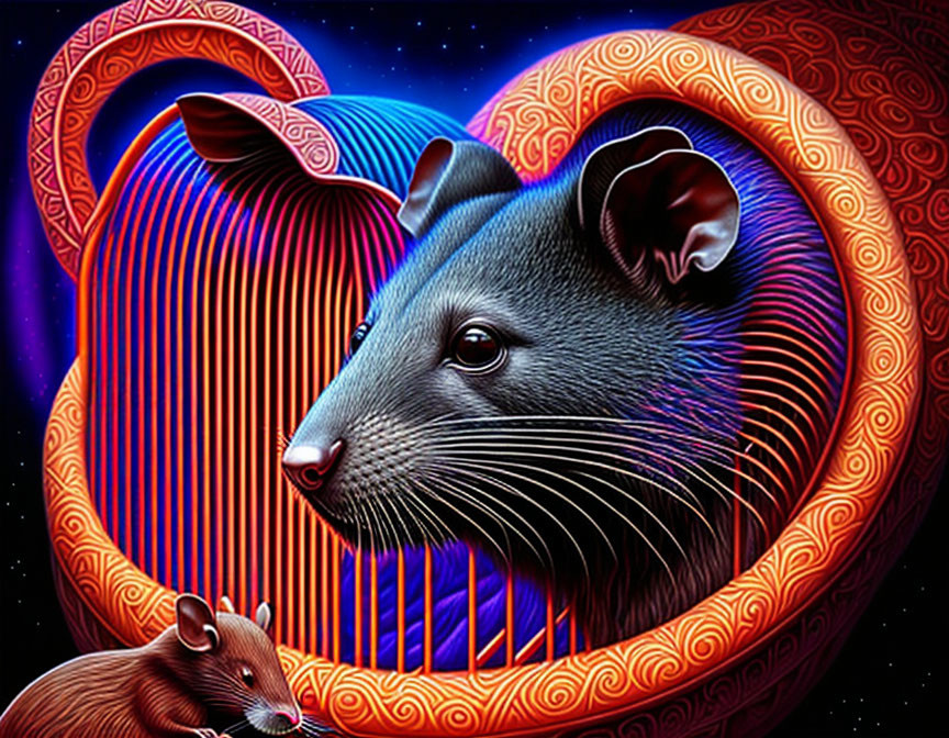 Colorful digital artwork: Large mouse in ornate heart with smaller mouse on starry background