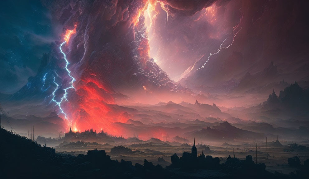 Apocalyptic landscape with crimson sky and lightning strike