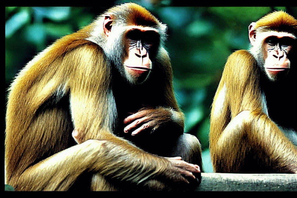 Vibrant mandrill monkeys sitting together in a calm state