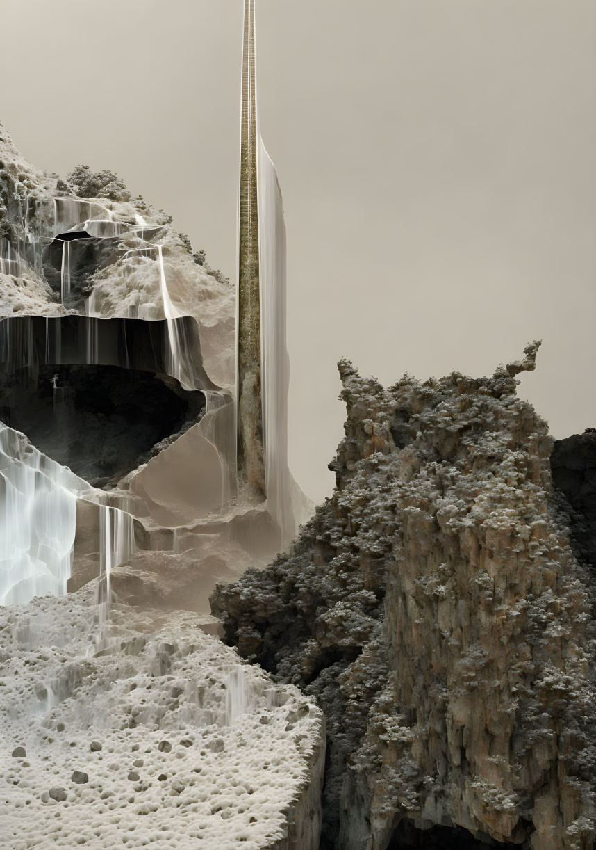 Textured cliffs, towering monolith, and cascading waterfalls in surreal landscape