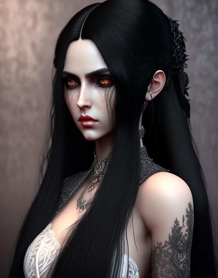 Illustration of woman with long black hair, red eyes, intricate tattoos, and gothic jewelry