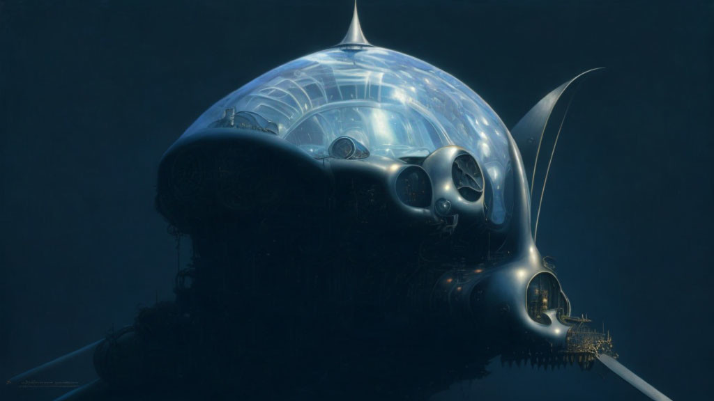 Futuristic submarine with transparent dome and insect-like appendages explores ocean depths