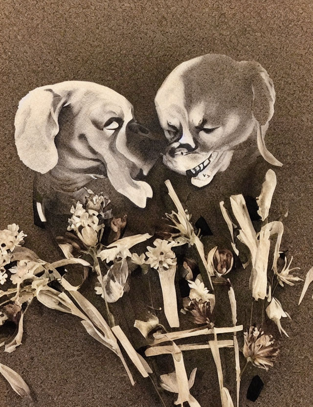 Sketched Dogs with Expressive Faces and Dried Flowers on Textured Background