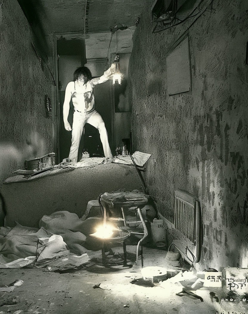 Abandoned room with lantern, debris, overturned chair, graffiti