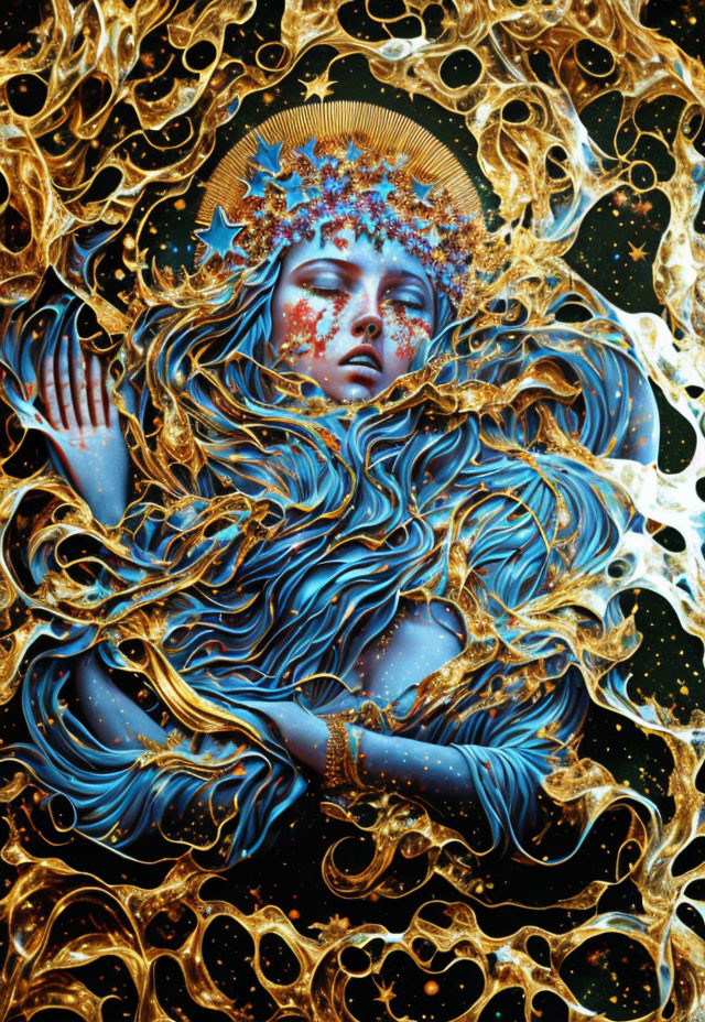 Surreal artwork: Female figure, blue hair, golden details, fluid patterns on dark background