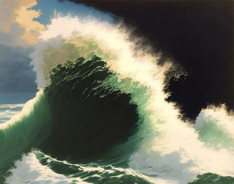 Dramatic painting of towering green wave under tumultuous sky