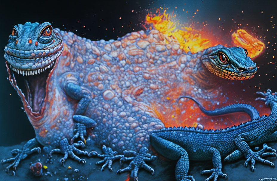 Colorful fantasy lizard artwork with large fiery orange and small blue lizards.