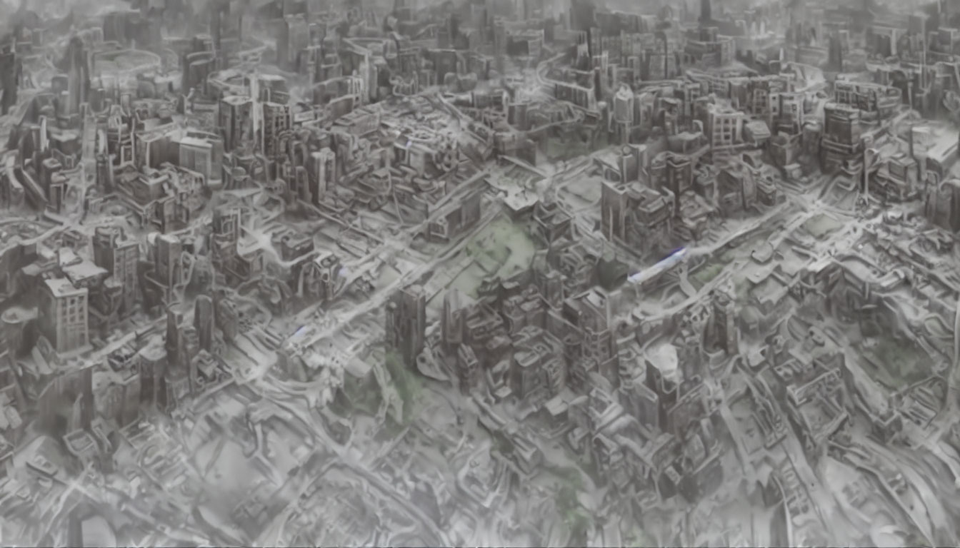 Dystopian cityscape with dense, dilapidated buildings