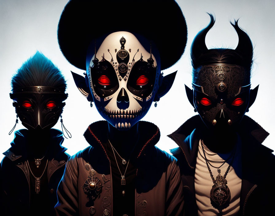 Three individuals in ornate masks, backlit for a mysterious effect.