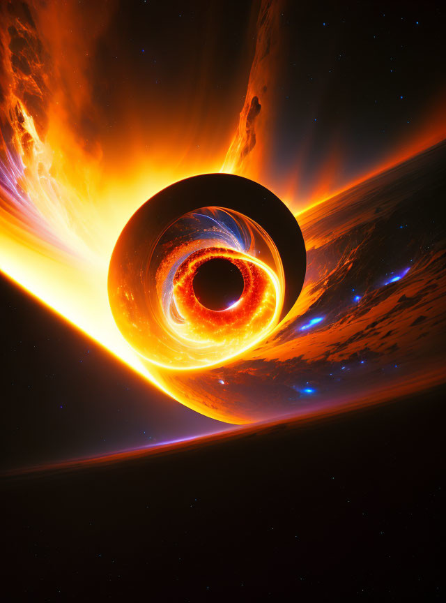 Black hole with accretion disk emitting radiation and light in space.