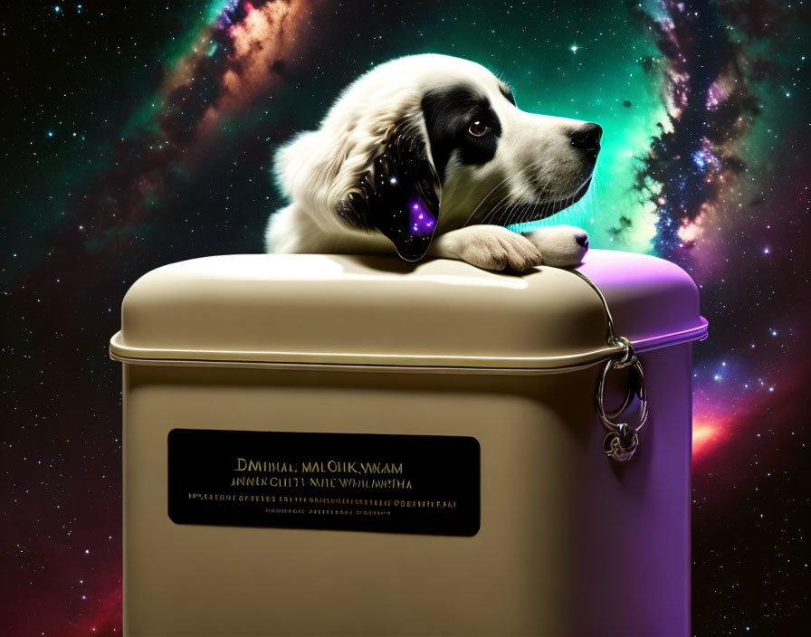 Black and white dog with headset on cream breadbox against cosmic backdrop