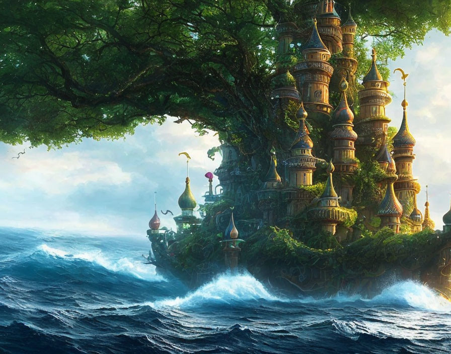 Fantastical castle in tree overlooking ocean waves