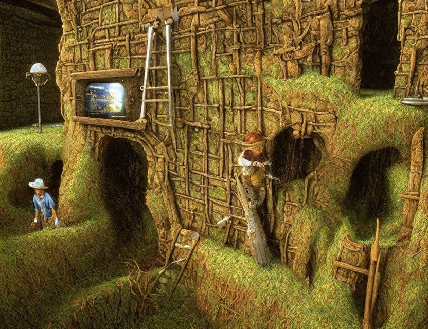 Fantastical illustration of two people in a book labyrinth with integrated TV and lamp