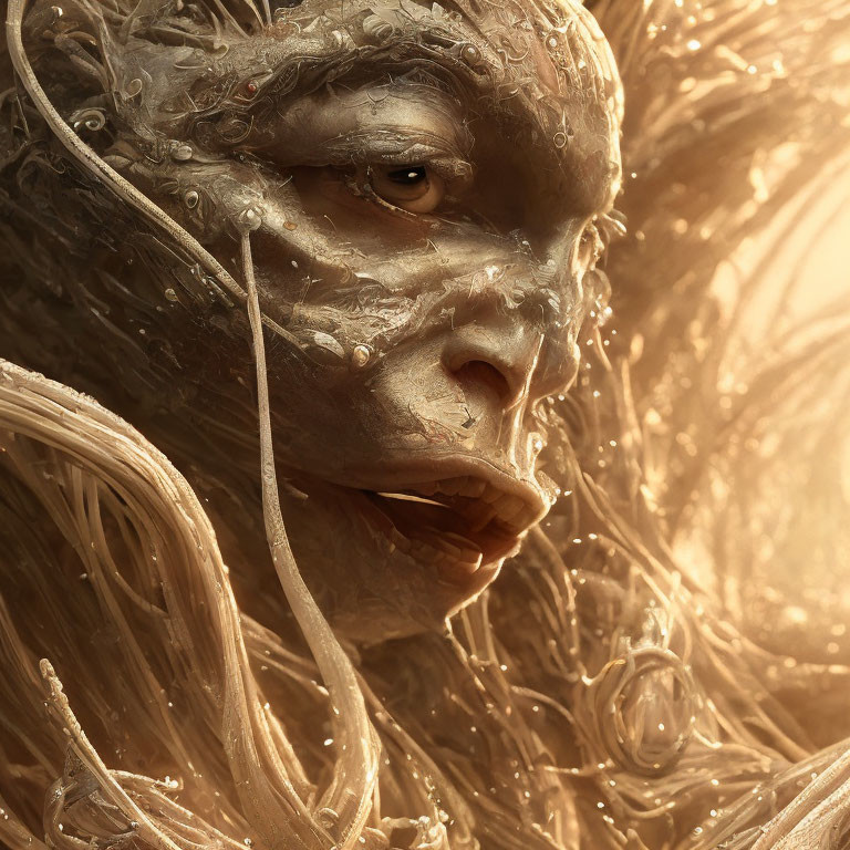 Fantasy humanoid creature with golden textured skin in swirling environment