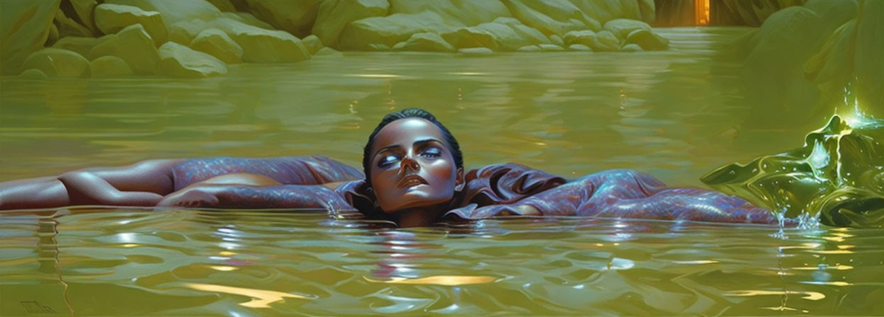 Woman floating in golden water among rocks with contemplative gaze.