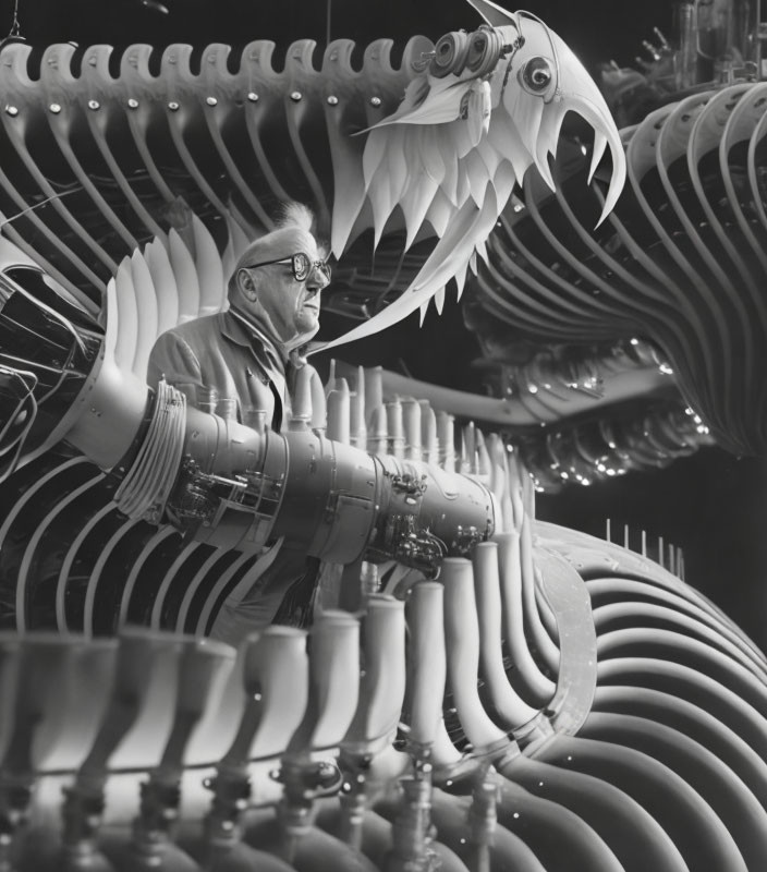 Elderly Man Surrounded by Mechanical Birds with Unfolding Wings