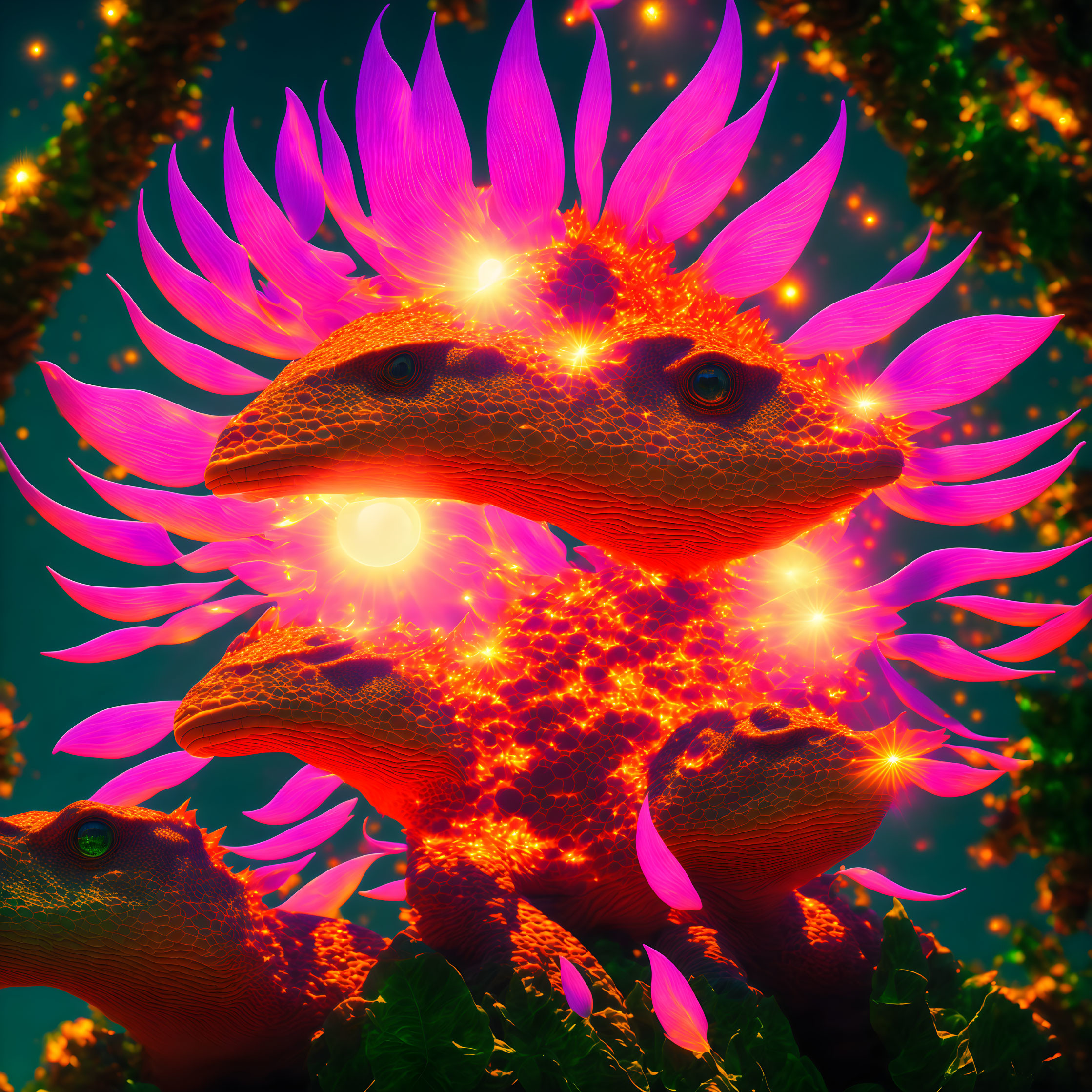 Colorful fantastical creatures with orange skin and pink plumes in lush natural setting