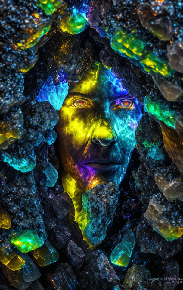 Vividly colored image blending human face with crystalline structures