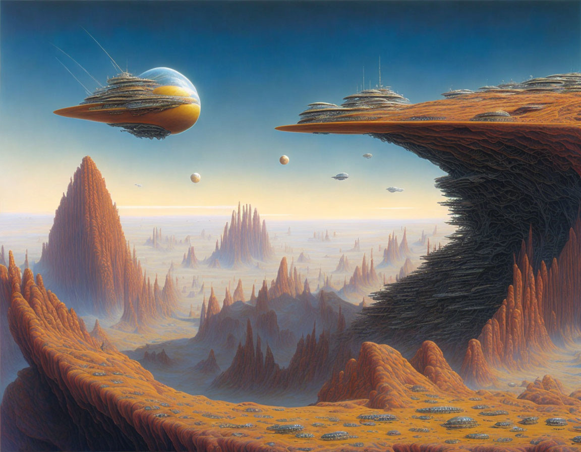 Futuristic landscape with floating cities and alien structures