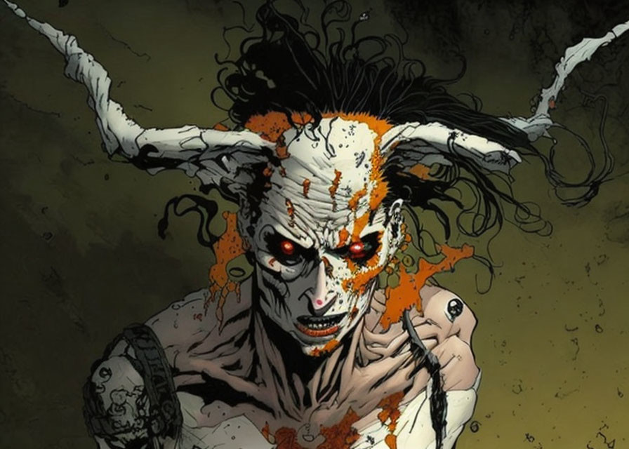 Sinister character with red eyes, pale skin, orange markings, black hair, and horns.