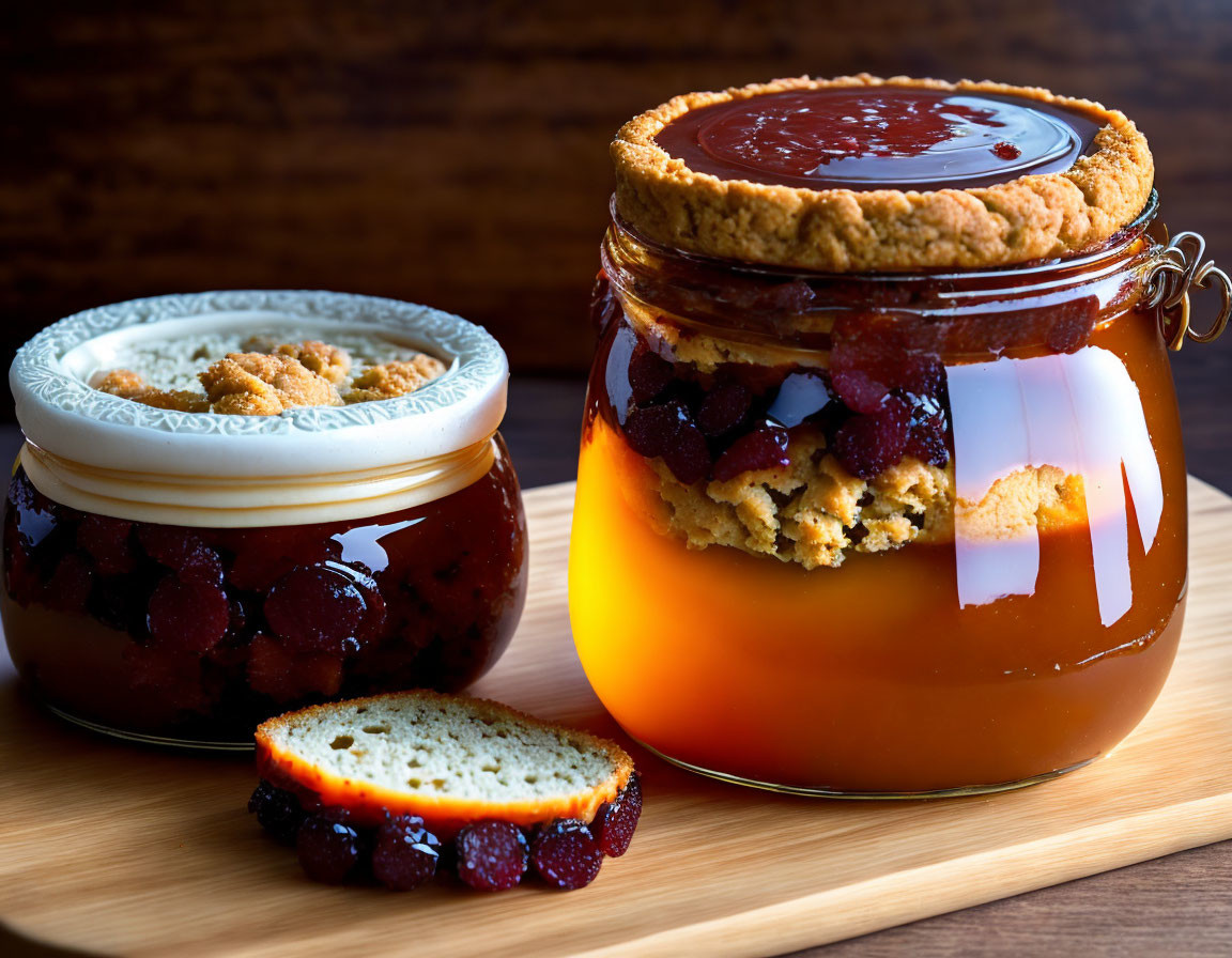 Two jars of jam with biscuit and bread on wooden board