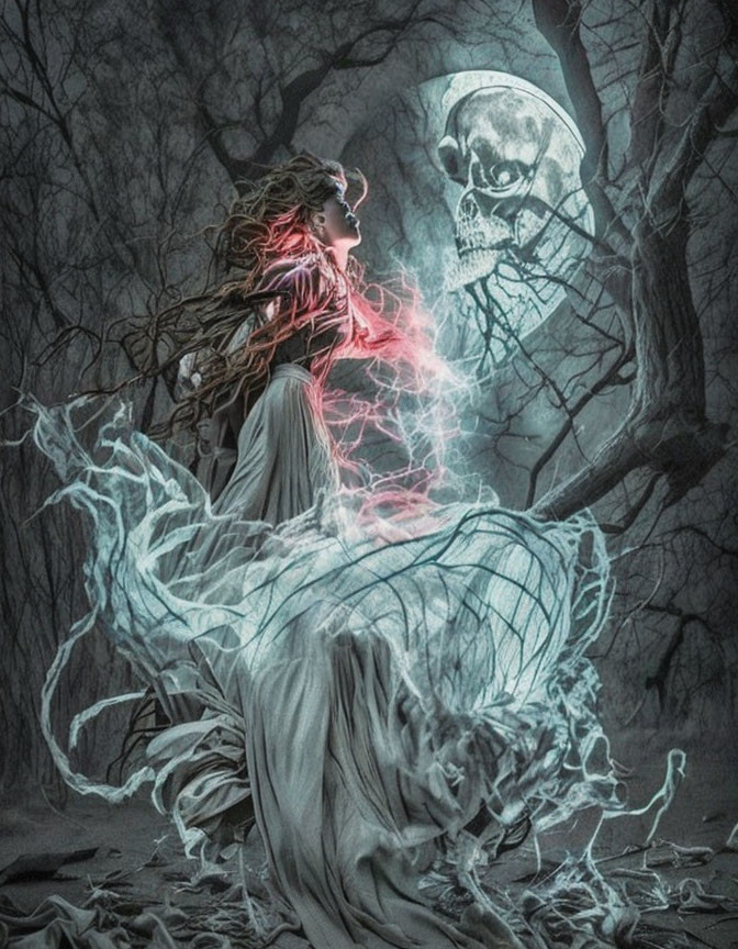 Ghostly woman in flowing dress confronts giant skull in moonlit, eerie forest