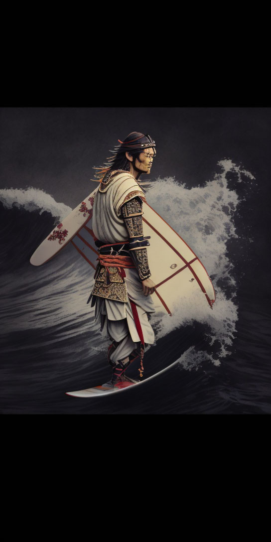 Stoic warrior in traditional armor on turbulent waters with shield and sword.