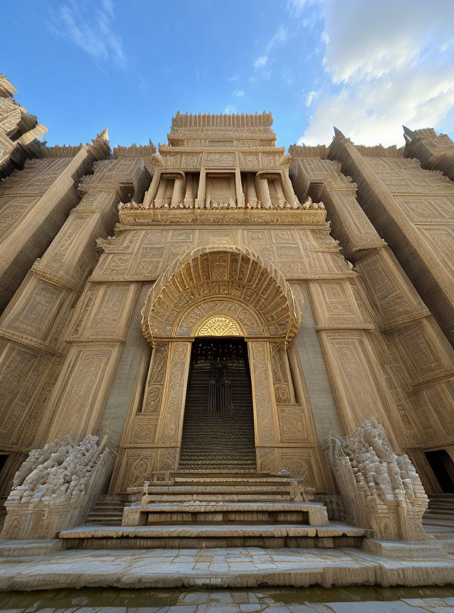 Stone temple facade with intricate carvings, arched entrance, stairs, and grand doorway.