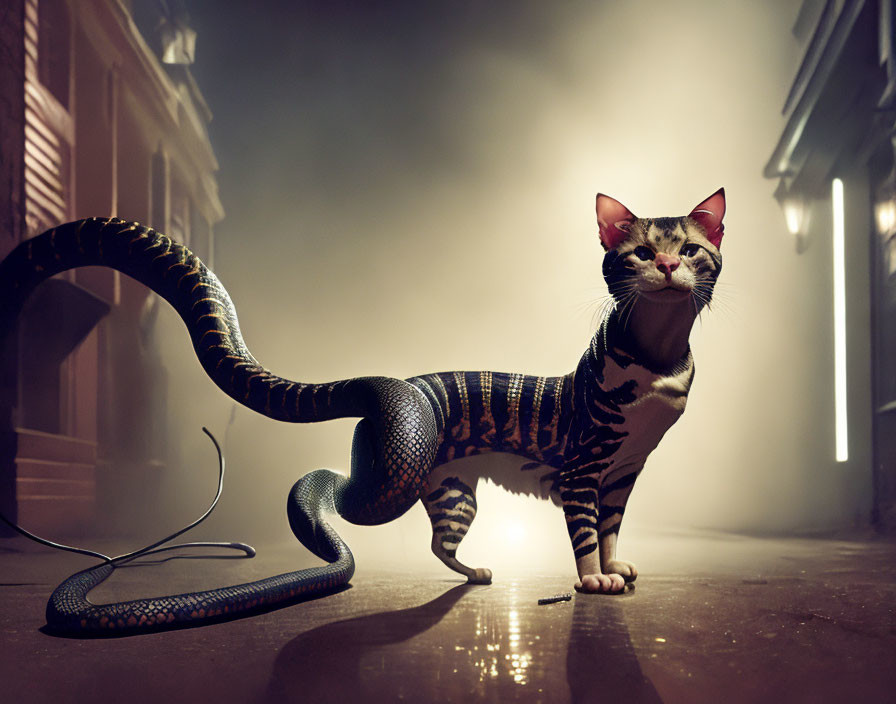 Surreal cat with snake body in misty night alleyway