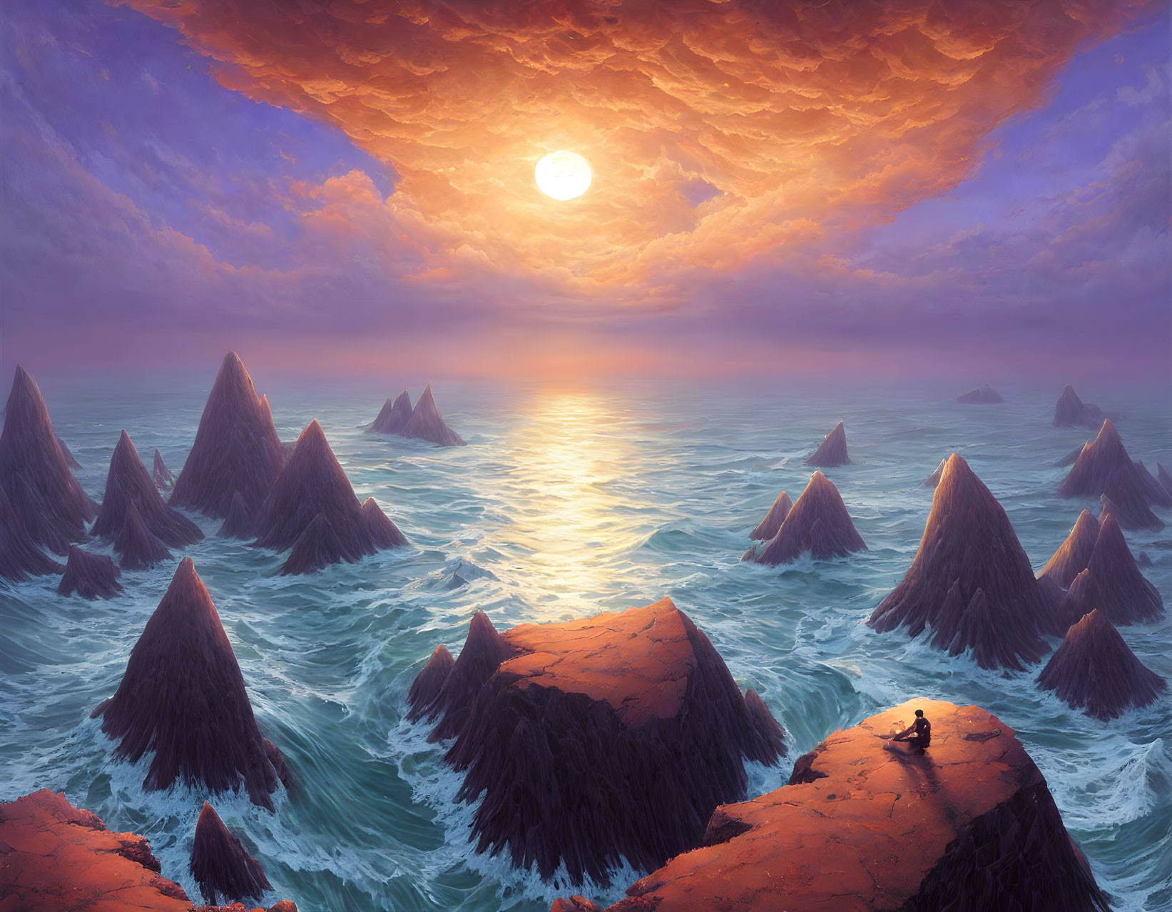 Surreal landscape: sharp peaks, ocean, sunset sky, person sitting.