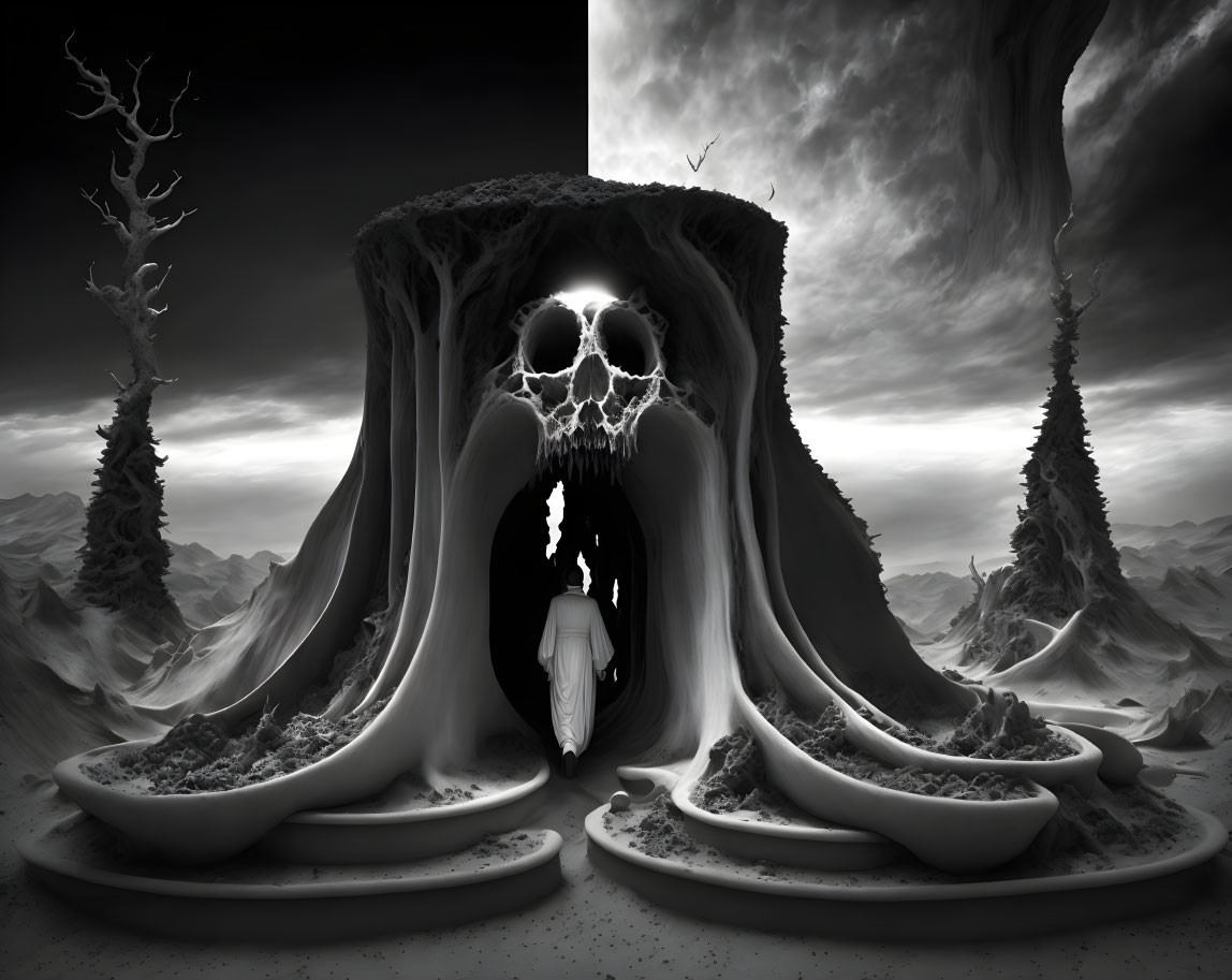 Monochrome surreal landscape with skull-shaped cave entrance