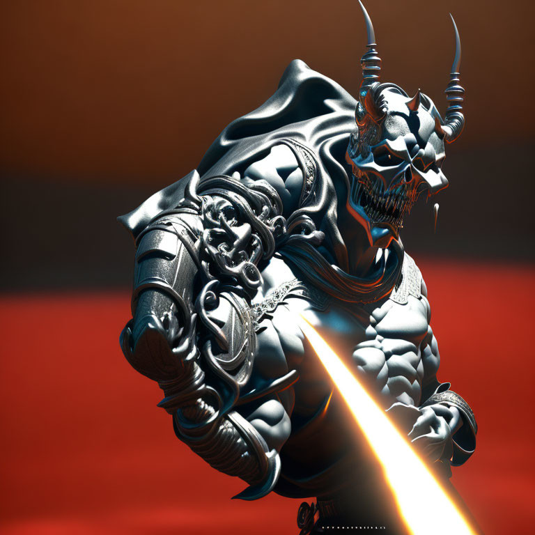 Detailed 3D-rendered warrior in metallic armor with glowing sword