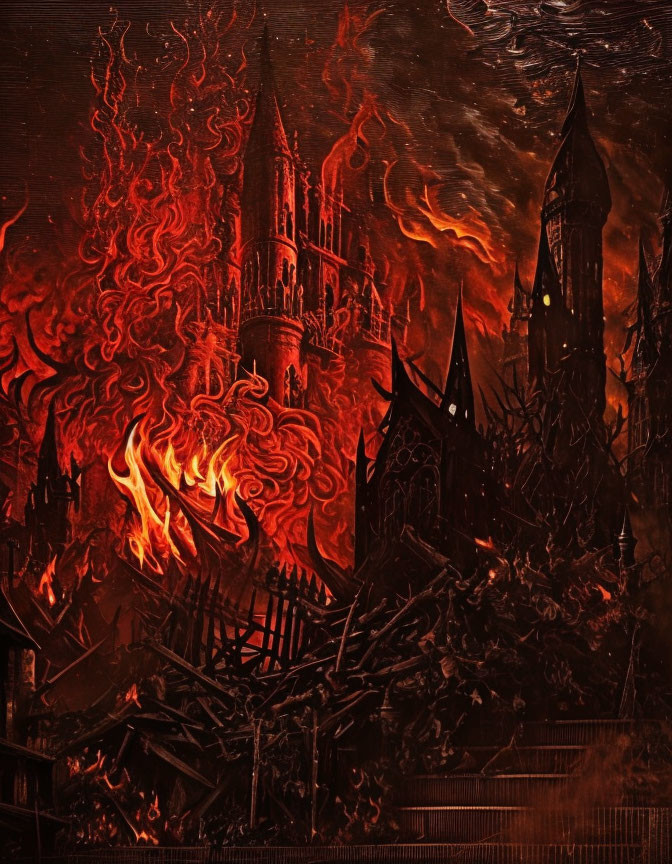 Gothic castle engulfed in flames under fiery sky