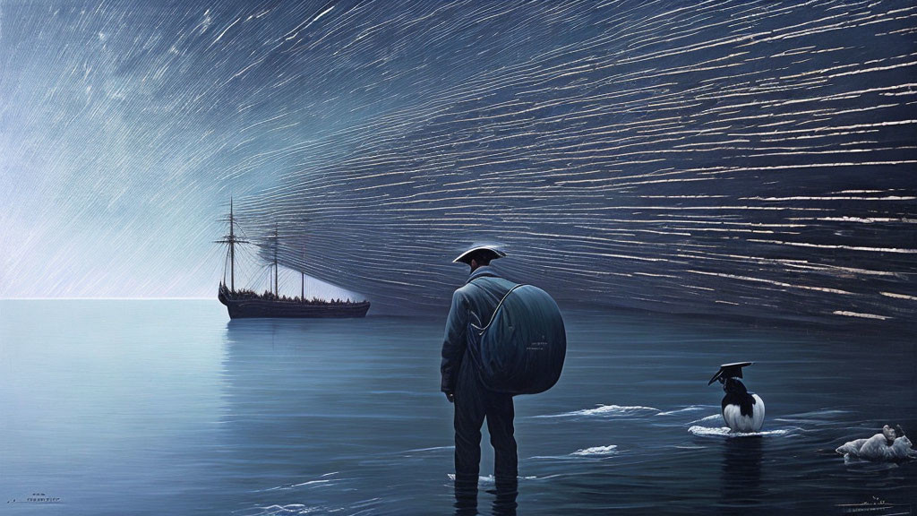 Man in hat gazes at ship by sea with penguin and star trails