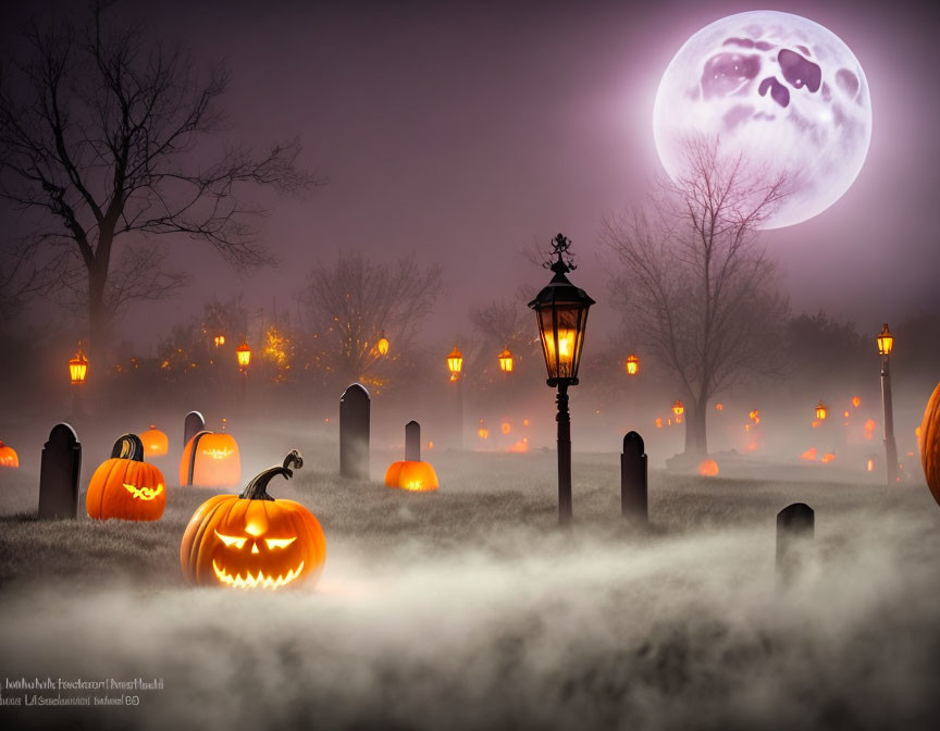 Eerie Halloween scene with carved pumpkins, foggy graveyard, streetlamps, and moon with