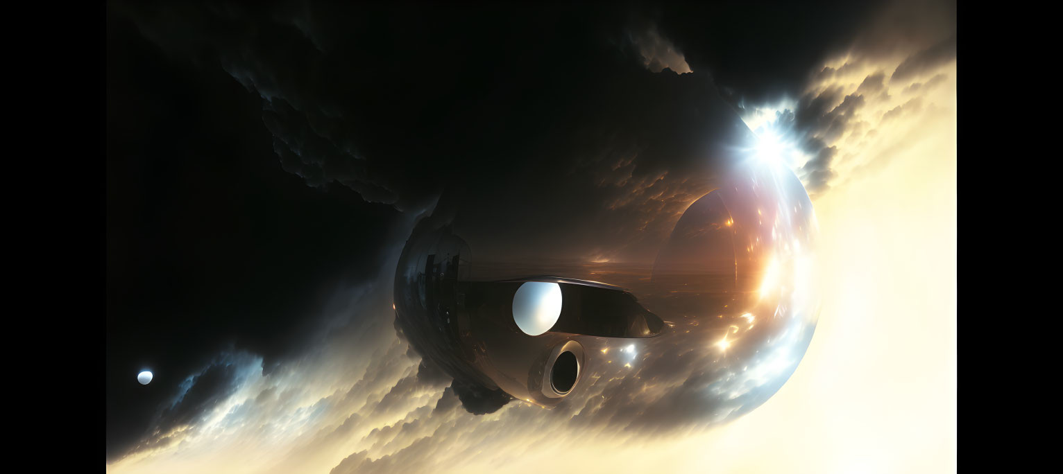 Futuristic spacecraft orbiting planet with glowing atmosphere