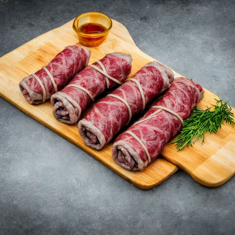 Raw beef rolls with string on wooden board with dill and sauce