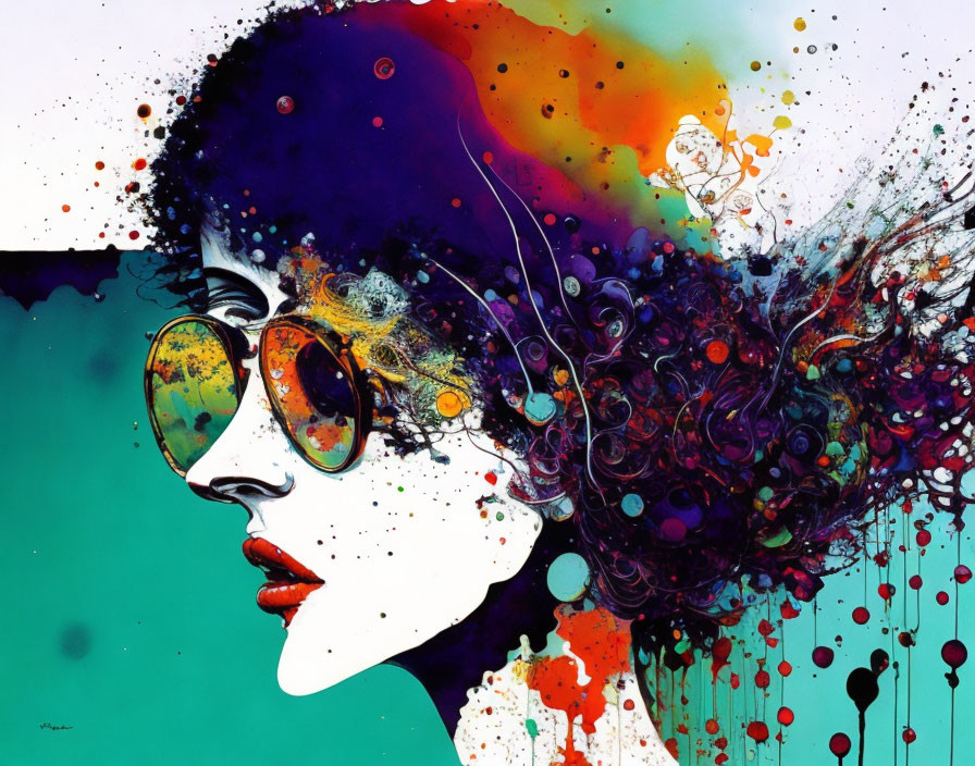 Vibrant abstract portrait of a woman with colorful paint hair and round sunglasses