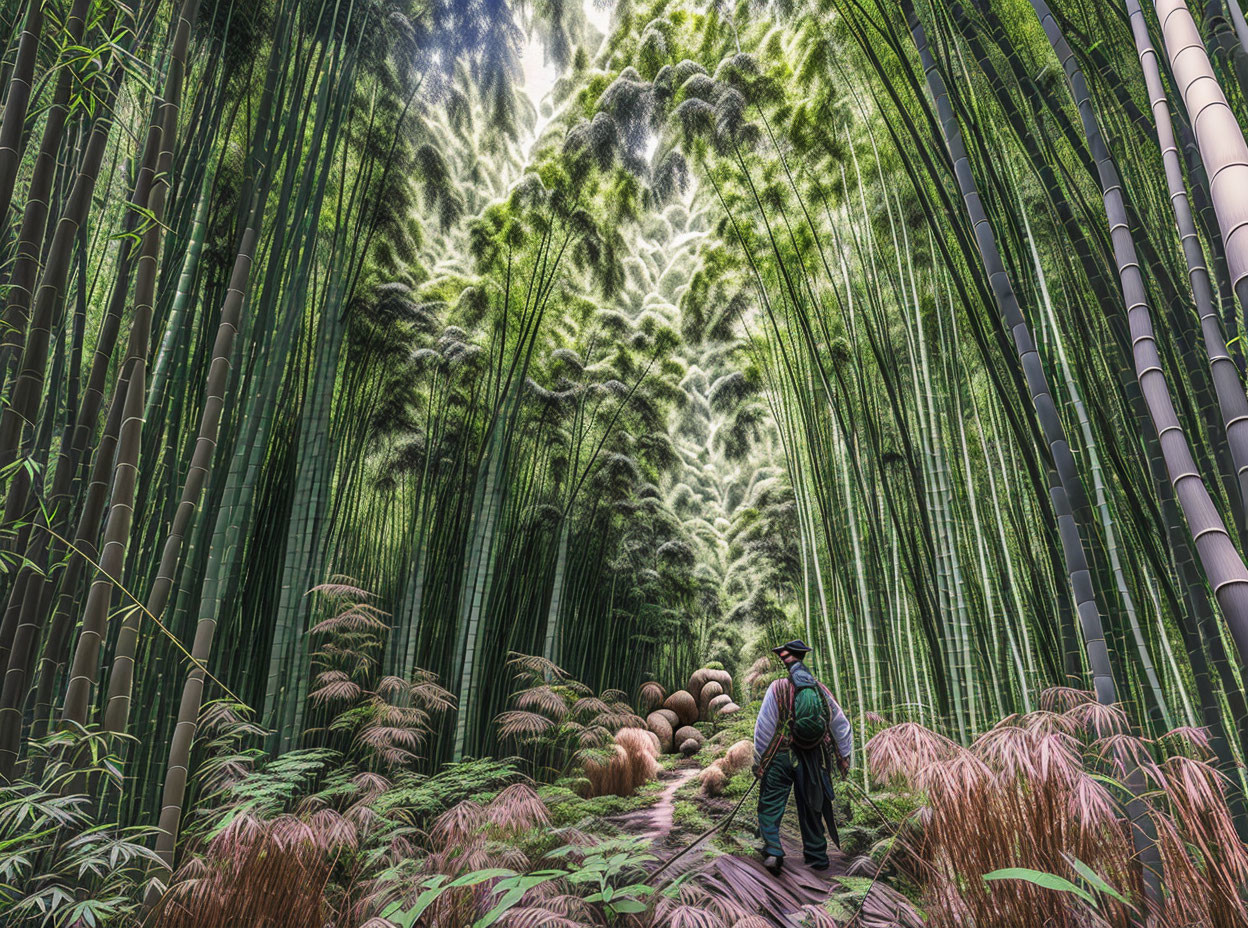 Person in Dense Bamboo Forest with Towering Stalks